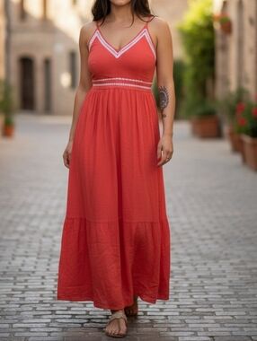Japna Red Embroidered Long Sundress Size Small Empire Waist